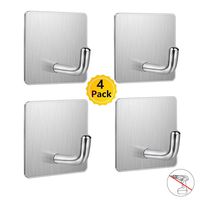 Budding Joy Adhesive Hooks Heavy Duty Stick on Wall Door Cabinet Stainless Steel Towel Coat Clothes Hooks Self Adhesive Holders for Hanging Kitchen Bathroom Home 4 Pack