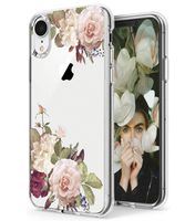 iPhone XR Case,Spevert Flower Pattern Printed Clear Design Transparent Hard Back Case with TPU Bumper Cover for iPhone XR 6.1 inch 2018 Released (White Rose)