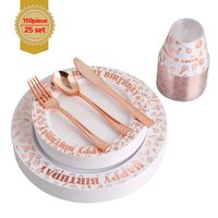 150pcs Rose Gold Premium Plastic Cutlery&Plates Set/Confetti Birthday Tableware Including 25 Dinner Plates, 25 Salad or Dessert Plates & 25 Polished Rose Gold Forks Knives & Spoons & 9oz cups