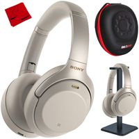 Sony WH1000XM3 Premium Noise Cancelling Wireless Bluetooth Headphones w/Built in Microphone WH-1000XM3/S Silver + Deco Gear Premium Hard Case + Pro Audio Headphone Stand + Microfiber Cleaning Cloth