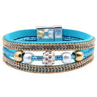 smallwoodi Bangle Bracelet,Fashion Women Beaded Velvet Leather Magnetic Buckle Rhinestone Inlaid Gold-Plated Multilayer Bracelet Jewelry Christmas Gift for Men for Women Lake Blue