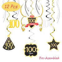 100 Birthday Decoration Happy 100th Birthday Party Silver Black Gold Foil Hanging Swirl Streamers I'm One hundred Years Old Today Birthday Hat Gold Star Ornament Party Present Supplies