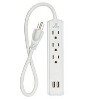 Globe Electric 3-Outlet USB Power Strip, 2x USB Ports, White Finish, 1.5ft Power Cord, 78084