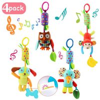 Joyshare 4 PCS Baby Soft Hanging Rattle Crinkle Squeaky Toy - Baby Toys for 0 3 6 9 to 1 Animal Ring Plush Stroller Infant Car Bed Crib Travel Activity Hanging Wind Chime with Teether for Boys Girls