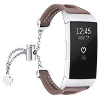 fastgo Leather Bracelet Compatible with Fitbit Charge 3/Charge3 SE Bands, Premium Stainless Steel Replacement Wristbands Classy Women Girls Adjustable (Tan)