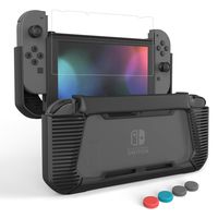 LEYUS Case Cover for Nintendo Switch, Protective Grips Case with Tempered Glass Screen Protector & 4 Joystick Caps, Slim Comfortable Handheld, Shockproof & Anti-Scratch Protection (Black)
