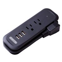 NTONPOWER 3-Port USB Power Strip with 2 Outlets Wrap Winder Design Mini Travel Charger with Right Angle Flat Plug and 15 inches Short Extension Cord for Nightstand Conference Center Library - Black