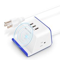 SUPERDANNY Wireless Charger Power Strip Surge Protector with 2 Outlet 3 USB Ports and 5.9ft Extension Cord Compact Portable Travel Desktop Plug Bar for iPhone iPad PC