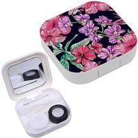 Portable Contact Lens Case Box Travel Kit Mirror + Bottle + Tweezers Container Holder [ Tropical Flowers Orchid Hibiscus Bird ]