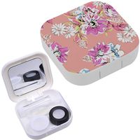 Portable Contact Lens Case Box Travel Kit Mirror + Bottle + Tweezers Container Holder [ Sketched Flower Print Pink ]