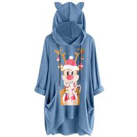 Sunhusing Womens Cute Lazy Lying Cat Printed Solid Color Long Sleeve Sweatshirt Cat Ear Hooded Pocket Tunic Tops(5 Blue,3XL)