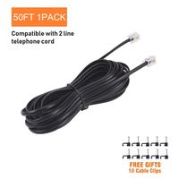 50FT Telephone Extension Cord Cable, Landline Phone Line Wire with RJ11 6P4C Plugs, Includes Cable Clips - Black