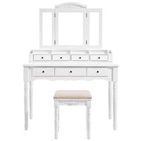 VASAGLE Vanity Set, Tri-Folding Necklace Hooked Mirror, 7 Drawers, 6 Organizers Makeup Dressing Table with Cushioned Stool Easy Assembly, for Women White