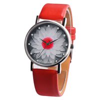 Nmch Leather Strap Wristwatch, Womens Casual Analog Quartz Watch Floral Design Round Clock (Red)