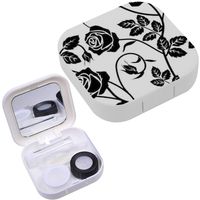 Portable Contact Lens Case Box Travel Kit Mirror + Bottle + Tweezers Container Holder [ Rose Black White ]