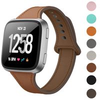 DAIKA Leather Bands Compatible with Fitbit Versa/Versa 2/Versa Lite for Women Men Slim Soft Replacement Strap for Fitbit Versa Smart Watch(L/6.8"-8.9",Brown)