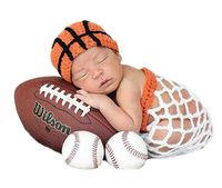 Infant Basketball Photography Props Crochet Costume Outfits Orange Hat+White Basket Outfit for 3-6 Months Newborn Baby Boy Girl