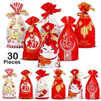 30 Pieces Chinese New Year Drawstring Gift Bags Plastic Treat Candy Pouches Party Gift Favor Bags for Food Gifts Storage Supplies, 6 Styles