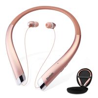 Bluetooth Headphones, Bluenin Wireless Neckband Headset with Auto Retractable Earbuds, Sports Sweatproof Noise Cancelling Stereo Earphones with Mic (Rose Gold)