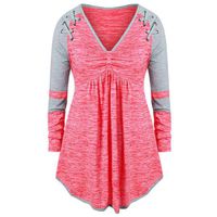RUIVE Women's Plus Size Pullover V-Neck Patchwork Pleated Sweatshirt Grommet Ribbons Color Casual Tops Blouse Pink