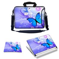 Meffort Inc Laptop Bundle Deal - Includes Neoprene Laptop Bag with Side Pocket Adjust Shoulder Strap with Matching Skin Sticker Decal & Mouse Pad (15.6 Inch, Blue Purple Butterfly)