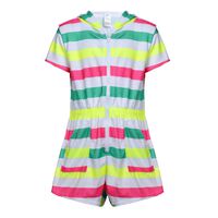 DAYU Girls Hooded Terry Romper Zip Fornt Swim Cover Up with Pockets, Colorful Stripes, 6-6X