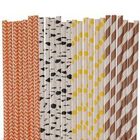 Biodegradable Paper Straws Mix, Woodland Fox, Orange Yellow Brown Black, Chevron Birch Tree Polka Dot Striped (100)