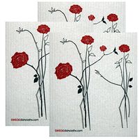 Elegant Red Roses Set of 3 Each Swedish Dishcloths | ECO Friendly Absorbent Cleaning Cloth | Reusable Cleaning Wipes