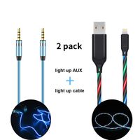iChase Light Up Charging Cable (Advanced Current Visible Flowing EL LED Lights)-3ft, and Light Up AUX Cable (Blinks with The Beat of The Music)-3ft (Rainbow+AUX)