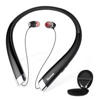 Bluetooth Headphones, Bluenin Wireless Neckband Headset with Auto Retractable Earbuds, Sports Sweatproof Noise Cancelling Stereo Earphones with Mic (Black)