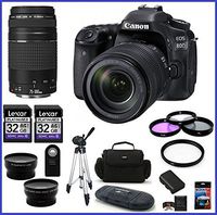 Canon EOS 80D DSLR Camera with 18-135mm Lens (USA) + Canon EF 75-300mm f/4-5.6 III Lens + 32GB Memory Cards (2X) + 58mm Telephoto & Wide Angle Lenses + Spare Battery and more ...