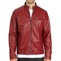WULFUL Men's Stand Collar Leather Jacket Motorcycle Lightweight Faux Leather Outwear (Wine Red, XX-Large)