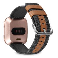 Jobese Compatible with Fitbit Versa/Versa 2/Versa Lite/SE, Classic Canvas Fabric Straps with Genuine Leather Replacement Accessories Wristbands with Silver Black Buckle, Men Women