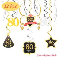 80 Birthday Decoration Happy 80th Birthday Party Silver Black Gold Foil Hanging Swirl Streamers I'm Eighty Years Old Today Birthday Hat Gold Star Ornament Party Present Supplies