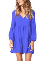 Amoretu Women's Cute V Neck Loose Fit Bishop Sleeves Tunic Dress Blue S