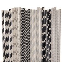 Black and Silver Paper Straw Mix - Striped, Chevron, Polka Dots (100)