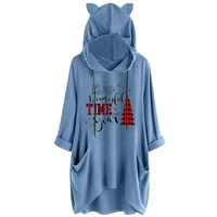 Sunhusing Womens Cute Lazy Lying Cat Printed Solid Color Long Sleeve Sweatshirt Cat Ear Hooded Pocket Tunic Tops(4 Blue,5XL)