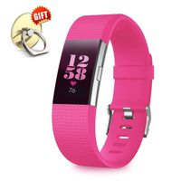 IYOU Compatible for Fitbit Charge 2 Replacement Bands, Classic Edition Adjustable Silicone Sport Wristbands Fitbit Charge 2 Bands for Women and Men, Barbie Pink, Large,【Gift】 1X Finger Ring Stand