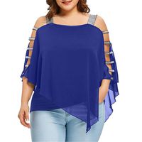 RUIVE Women's Chiffon Blouse Ladder Cut Overlay Asymmetric Off Shoulder Sequin Strappy Pullover Ladies Loose Tops Blue