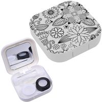 Portable Contact Lens Case Box Travel Kit Mirror + Bottle + Tweezers Container Holder [ Flower Black White ]