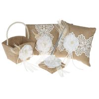 Fbest 4pcs/Set Vintage Rustic Burlap Wedding Supplies Flower Girl Basket + Ring Bearer Pillow + Guest Book + Pen Holder Set