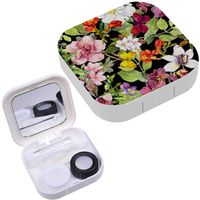 Portable Contact Lens Case Box Travel Kit Mirror + Bottle + Tweezers Container Holder [ Summer Flowers Butterflies On Black ]