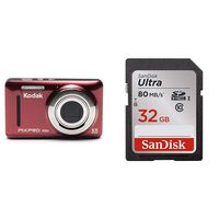 Kodak PIXPRO Friendly Zoom FZ53-RD 16MP Digital Camera with 5X Optical Zoom and 2.7" LCD Screen (Red) & SanDisk 32GB Ultra Class 10 SDHC UHS-I Memory Card Up to 80MB, Grey/Black (SDSDUNC-032G-GN6IN)