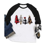 Winsummer Women O Neck Christmas Tree Graphic Tees Blouse Long Raglan Sleeve Baseball T Shirt Top Black