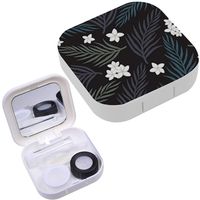 Portable Contact Lens Case Box Travel Kit Mirror + Bottle + Tweezers Container Holder [ Palm Leaves Flowers ]