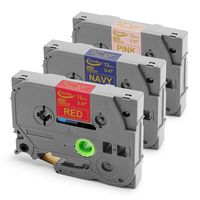 3-Pack Replace P touch Embellish Satin Ribbon Tape TZe RE34 RN34 RW34 (Gold on Red/Navy/Pink) 12mm 0.47 inch Ribbon Cassette, work for Brother P-Touch PT-D210, PT-H110, PT-D600, PT-D400AD Cube, 13.1ft