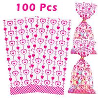 Whaline Valentine Cellophane Bags, 100 Pieces Candy Treat Bags with 100 Twist Ties, Valentines Goodie Bags Plastic Clear Cello Bags Party Favor Gifts Bags (Pink Heart Strings)