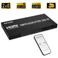 Autbye 2x8 HDMI Matrix Switcher 2 in 8 Out Splitter 4Kx2K Active Amplifier Extender Ultra HD 1080P 3D Audio Video Selector with IR Remote Adapter for HDTV PC Projector Sky Box PS4