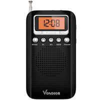 Portable Digital Radio with Alarm Clock - Best Reception and Longest Lasting. AM FM Compact Radio Player Operated by 2 AAA Battery, Stereo Headphone Socket (Black,Orange), by Vondior...