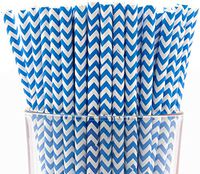 Pack of 150 Biodegradable Sky Blue Chevron Paper Drinking Straws (Compostable, Non-toxic, BPA-free)